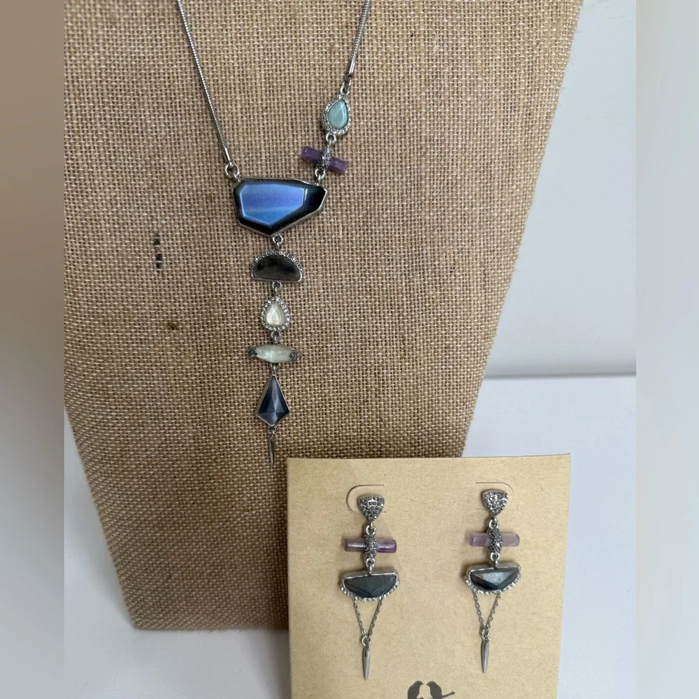 Chloe + Isabel Adjustable Gemstone Necklace & Earrings Set | Silver | NWT - Picture 5 of 5